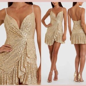 IEENA FOR MAC DUGGAL CHAMPAGNE SEQUINED FAUX WRAP RUFFLED HEM MINI DRESS